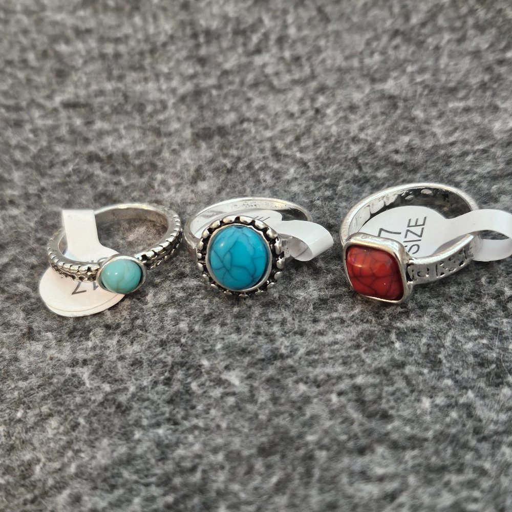 Set of 3 Silver plated inlaid turquoise rings
